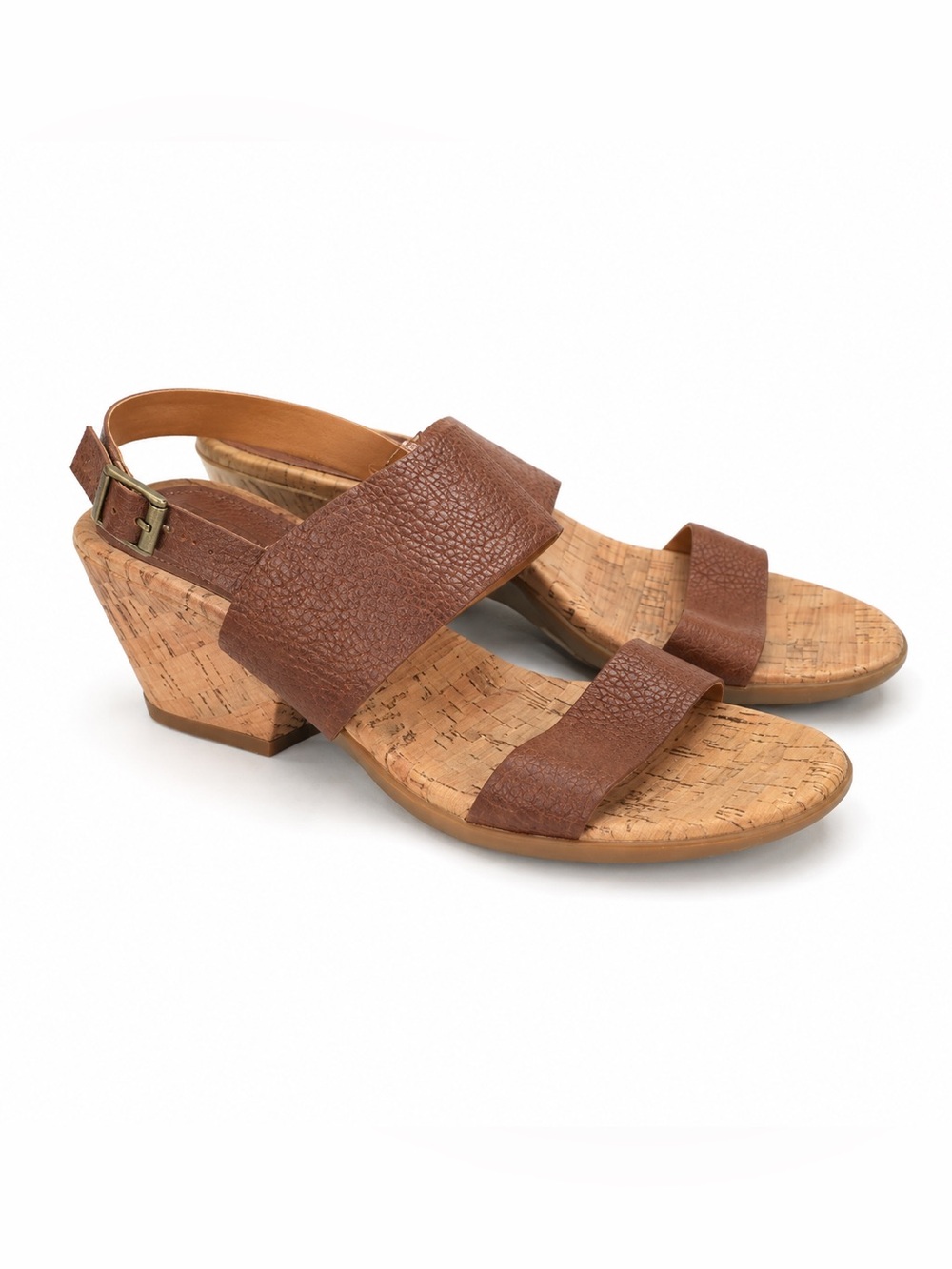 Kork Ease Vienna Brown Leather Cork Wedge Sandals Womens Double Strap Adjustable